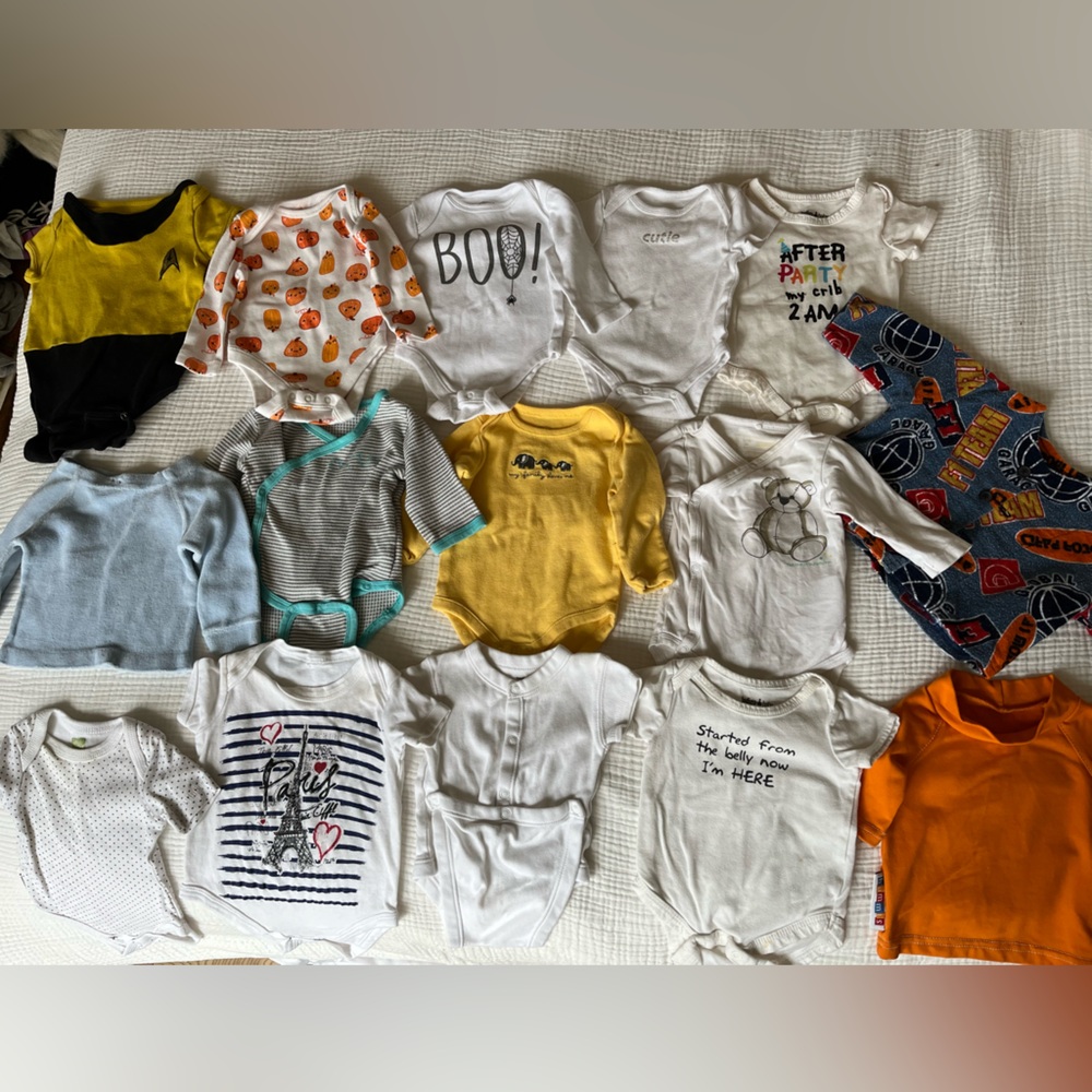 Lot of 12 onesies, 2 long sleeve tops, 1 handmade jacket. 0-3M.